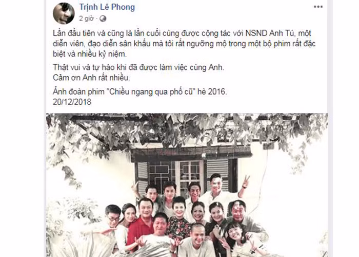 Đạo diễn Trịnh Lê Phong chia sẻ hình ảnh nghệ sĩ Anh Tú khi đóng phim "Chiều ngang qua phố cũ" kèm dòng tâm sự tự hào khi được hợp tác cùng cố nghệ sĩ.