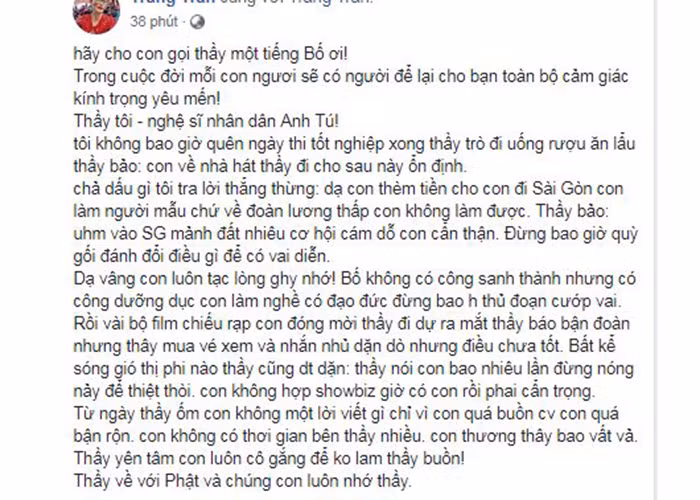Trang Trần viết tâm thư dành cho người thầy của mình sau khi nghe tin dữ.
