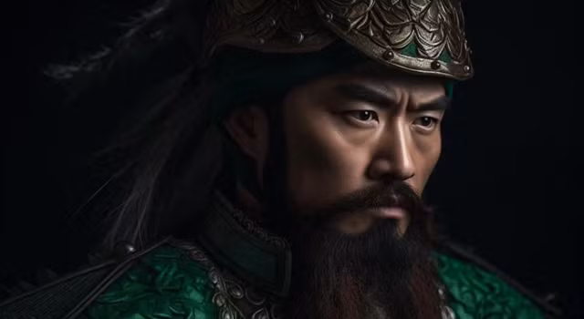 AI đã tạo ra hình ảnh của Quan Vũ với gương mặt cương nghị, mày đen rậm, bộ râu dài mang tính biểu tượng, tạo nên một hình tượng uy phong lẫm liệt.