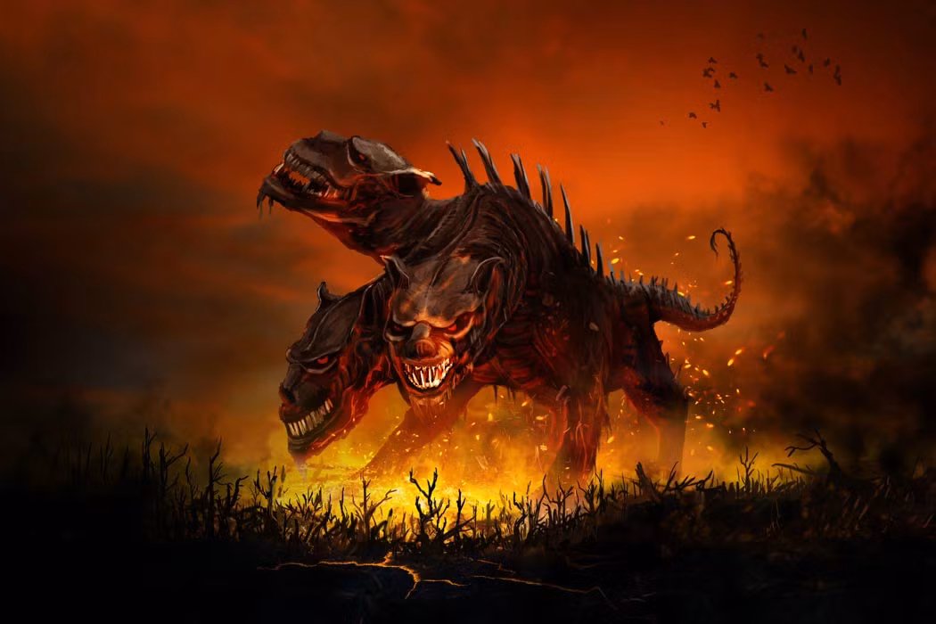 Bức bích họa quan trọng nhất miêu tả Cerberus, con chó ba đầu trong thần thoại Hy Lạp, được biết đến là "chó săn của Hades" có nhiệm vụ canh giữ cổng địa ngục.