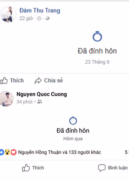 Sau khi liên tục thả thính nhau trên mạng xã hội, Đàm Thu Trang và Cường Đô la đồng loạt cập nhật trạng thái đã đính hôn. Dù cả hai không ghi rõ thông tin đính hôn với ai nhưng nhiều người cho rằng “nửa kia” của Cường Đô la là Đàm Thu Trang. Ảnh: FBNV