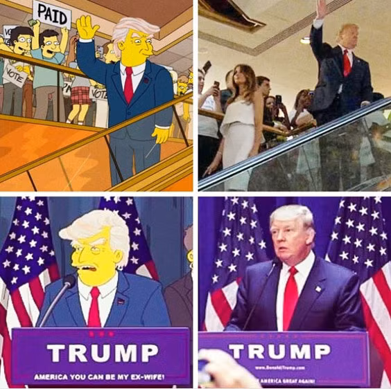 2. Dự đoán chiến thắng của Donald Trump trong The Simpsons: Một tập phim của The Simpsons năm 2000 đã đề cập đến việc Donald Trump trở thành Tổng thống Hoa Kỳ, một sự kiện mà thực sự đã xảy ra vào năm 2016.