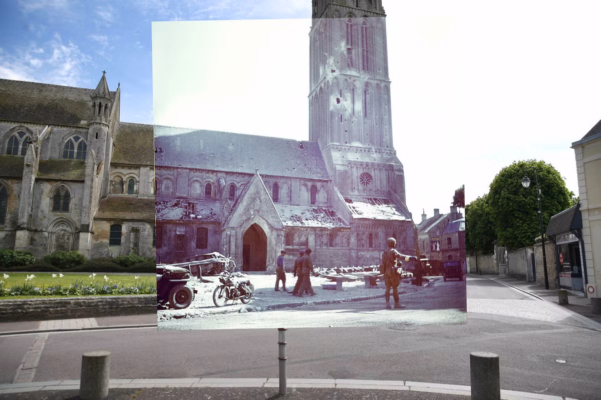 Phố Notre-Dame với một nhà thời Thiên chúa giáo vẫn còn nguyên vẹn sau hơn 70 năm. Trong thời gian giao tranh diễn ra tại đây, nhà thờ này được chọn làm bệnh viện dã chiến và là căn cứ hậu cần của Lục quân Mỹ. Nguồn ảnh: BI.