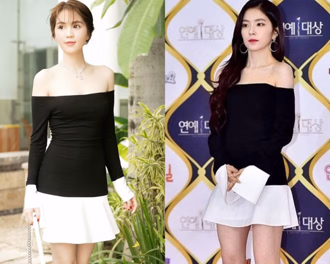 Nếu nhìn sơ qua mọi người sẽ lầm tưởng trang phục của Ngọc Trinh và Irene cùng chung một thương hiệu. Nhưng để ý kỹ hơn thì phom dáng váy và phần ống tay loe của "Nữ hoàng nội y" không mang đến người đối diện vẻ cứng cáp, sành điệu như thành viên Red Velvet. Cô cũng thừa nhận rằng đây chính là mẫu váy nhái được may lại với giá thành thấp.