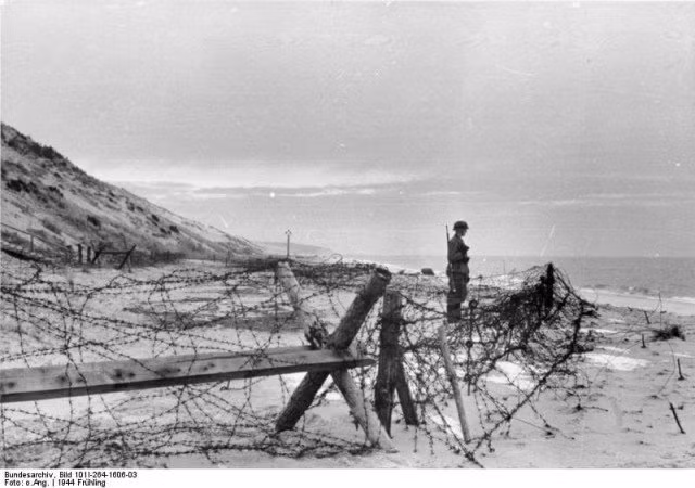 Lính Đức đứng gác sau đường dây thép gai rào kín bờ biển Pháp, năm 1944. Nguồn ảnh: WHS