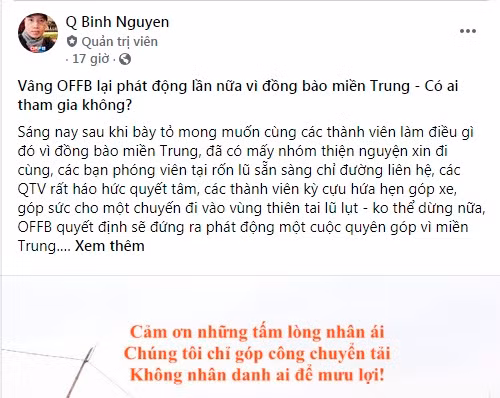 Trên diễn đàn mạng xã hội xe và giao thông OFFB MXH, ông Nguyễn Quốc Bình đã phát động kêu gọi các thành viên tham gia ủng hộ đồng bào miền Trung bị lũ lụt. Chỉ sau vài tiếng phát động số tiền các thành viên quyên góp ủng hộ đã lên tới hơn 50 triệu đồng và con số này chưa dừng lại khi nhiều tấm lòng đang cùng nhau hướng về đồng bào miền Trung. 