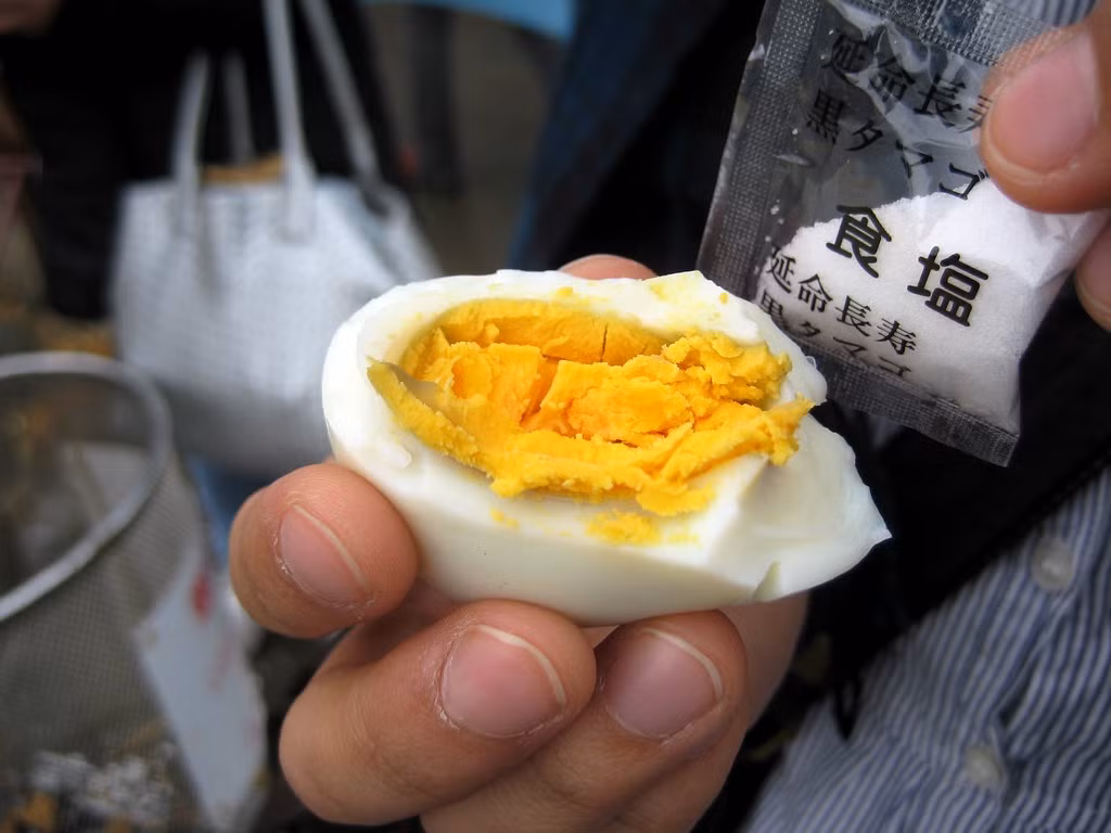 Kuro tamago được dân địa phương truyền tai nhau công dụng kéo dài 7 năm tuổi thọ. Thực chất, kuro tamago chỉ là quả trứng gà sống bình thường. Tuy nhiên, khi được luộc trong suối nước nóng lưu huỳnh, vỏ của nó biến thành màu đen. Đây là kết quả do sự xuất hiện của hydro sulfua có trong thành phần nước. Phần vỏ chuyển đen nhưng bên trong không khác gì trứng thường. Ảnh: Flickr.