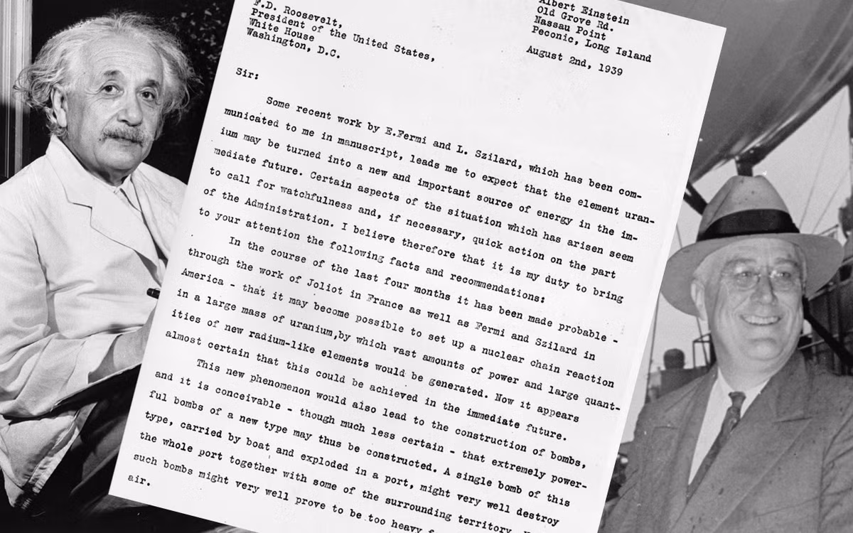 Cụ thể, trong lá thư viết năm 1939, nhà vật lý Einstein cảnh báo Tổng thống Mỹ Roosevelt rằng, phản ứng dây chuyền hạt nhân liên quan tới uranium có thể tạo ra một loại bom mới cực mạnh. Đây chính là bom nguyên tử.
