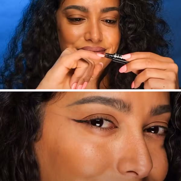 Kẻ mắt khá phức tạp với những người không makeup thường xuyên. Để đơn giản hơn, stylist hướng dẫn nhúng móng tay vào bút kẻ mắt dạng lỏng. Tiếp đó, vuốt móng tay từ khóe mắt ra ngoài.