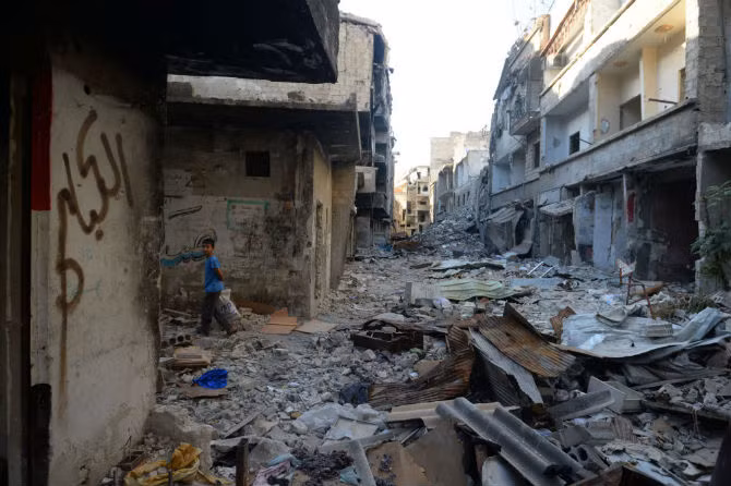 Tòa nhà bị phá hủy ở Damascus.