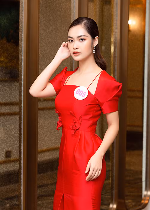 Nông Thúy Hằng nổi bật trong chiếc váy tông đỏ.