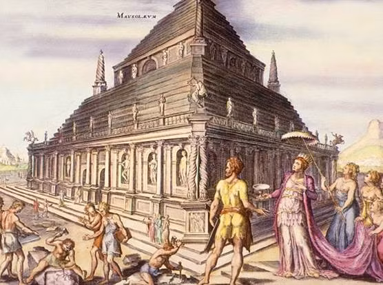  Lăng mộ Mausolus: được nữ hoàng Artemisia II xây dựng cho chồng (vua Mausolus của Caria) vào khoảng giữa thế kỷ 4 TCN tại phía Tây Nam lãnh thổ Thổ Nhĩ Kỳ ngày nay. Công trình gồm phòng chôn cất được trang trí bằng vàng, bên ngoài có những trụ gạch đá cầu kỳ và nhiều tác phẩm điêu khắc. Để xây dựng công trình dài 40 m, cao 45 m này, khoảng 1.200 thợ thủ công phải làm việc trong 17 năm liên tục. Đến thế kỷ XV, hiệp sĩ của cuộc Thập Tự Chinh - Christian Crusaders - đã tháo dỡ một khối đá cẩm thạch ở phần nền để xây dựng lâu đài mới ở khá gần ngôi mộ của vua Mausolus. Ngày nay, lâu đài này vẫn còn tồn tại với những mảnh đá cẩm thạch được tách riêng khỏi ngôi mộ của vua Mausolus.