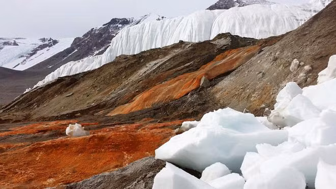 Theo World Atlas, Thác Máu nằm trên dòng sông băng Taylor của Hồ Tây Bonney thuộc thung lũng khô McMurdo tại Victoria Land, Nam Cực. Thung lũng McMurdo là hoang mạc khô hạn nhất Trái Đất. Theo các nhà khoa học, 2 triệu năm qua, nơi đây chưa hề có mưa.