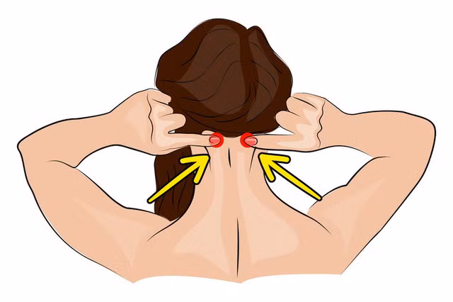 8. Xoa bóp huyệt thiên trụ: Đây là 2 huyệt nằm sau đầu, giữa tai và đầu cột sống. Massage huyệt này giúp giảm nghẹt mũi, đau mắt và tai cũng như những cơn nhức đầu dữ dội và đau nửa đầu.