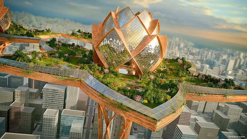 Phần trên đỉnh sen sẽ như một ốc đảo yên tĩnh với những công viên, khu vui chơi giải trí và nghỉ dưỡng. Nơi này tránh ra những ồn ào và tận hưởng không khí trong lành, thoáng mát. Khu vực này sẽ liên lạc với mặt đất bằng hệ thống mạng cao cấp, không bị ô nhiễm…