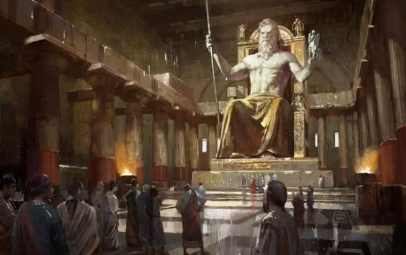 Bên tay phải Zeus đang cầm tượng thần Victory có cánh biểu tượng cho chiến thắng trong các kỳ Thế vận Olympic. Bên tay trái là vương trượng trang trí bằng kim loại biểu thị vị trí tối cao của Zeus trong tư cách là vua của các vị thần. Vào năm 462, một trận hỏa hoạn khủng khiếp xảy ra ở Olympia khiến bức tượng bị phá hủy.