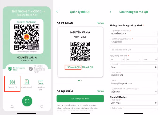 Tại đây, người dùng có thể sửa lại họ tên, ngày sinh, số thẻ bảo hiểm, CMND/CCCD, email, quốc tịch (với người nước ngoài) và địa chỉ liên lạc. Các mục có dấu * màu đỏ là các mục bắt buộc phải điền. Riêng số điện thoại hiện không thể sửa. Ảnh: TL/Congluan.