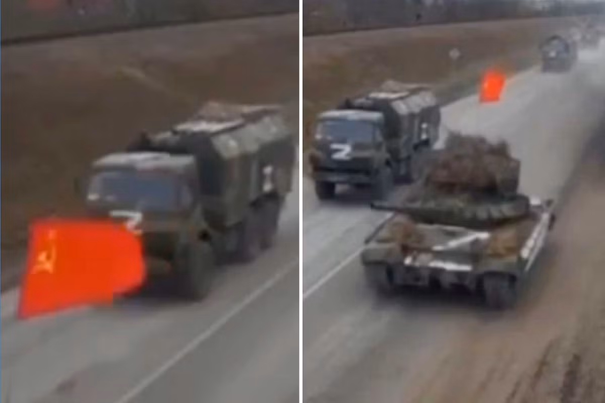 Trước đó, một đoạn video khác cũng ghi lại cảnh, chiếc xe tăng treo cờ Liên Xô tăng tốc, vượt qua hàng dài thiết giáp và cơ giới Nga đang di chuyển trên đường, sau đó vượt lên dẫn đầu đoàn phương tiện này.