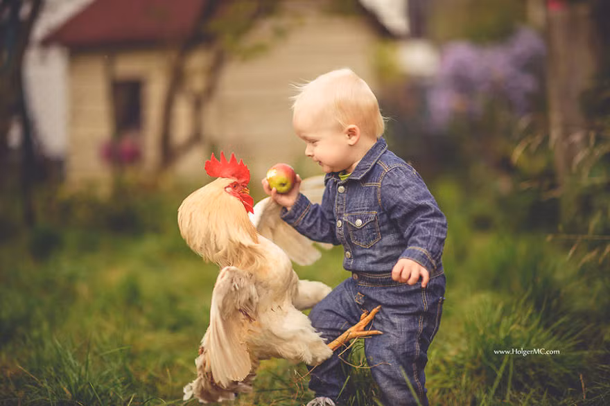 Trong các bức ảnh, có thể thấy tương tác giữa trẻ em và động vật gần như không có khoảng cách, rất thân mật, gần gũi và tự nhiên.