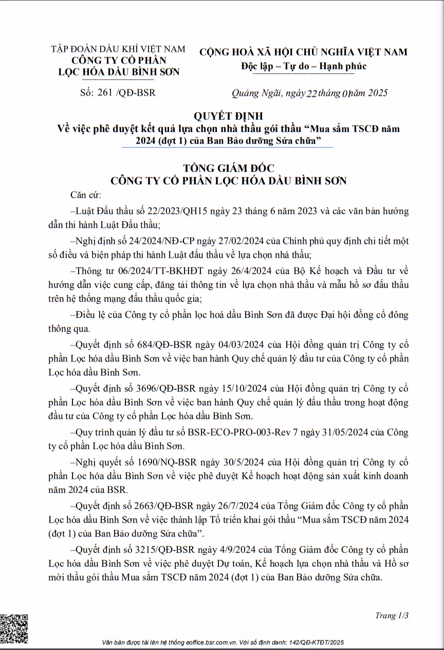 Goi thau mua sam TSCD hon 9,6 ty cua BSR da tim duoc 2 nha cung cap