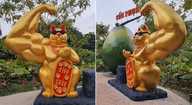 Nổi đình nổi đám nhất là "mèo lực sĩ" đến từ Bến Tre. Không chỉ gây sốt với cánh tay cơ bắp cuồn cuộn, "mèo lực sĩ" còn khiến du khách hoang mang vì không hiểu ý nghĩa tạo hình chú mèo cơ bắp theo kiểu một bên có một bên không. Được biết, linh vật mèo tại Cồn Phụng được tạc bằng bê tông trong hơn một tuần, đặt tên là "mèo tập tạ Bến Tre". 