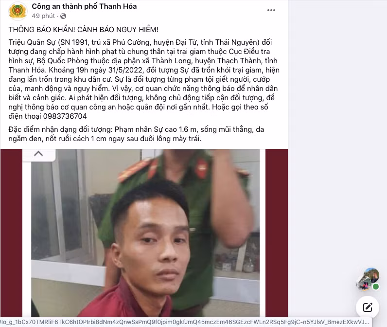 Tội phạm đặc biệt nguy hiểm Triệu Quân Sự tiếp tục vượt ngục Toi pham dac biet nguy hiem Trieu Quan Su tiep tuc vuot nguc