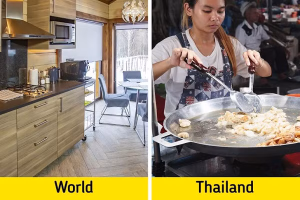 Hầu hết các ngôi nhà và căn hộ ở Thái Lan không có nhà bếp bên trong. Thứ nhất là vì thực phẩm địa phương thường rất có mùi. Do vậy, một số người chọn nấu ăn ngoài ban công. Ngoài ra, việc mua thức ăn đường phố ở Thái Lan thường tiện lợi và rẻ hơn. Trong khi đó, căn hộ ở Thái Lan có diện tích khá nhỏ, các thiết bị nhà bếp sẽ chiếm nhiều diện tích.