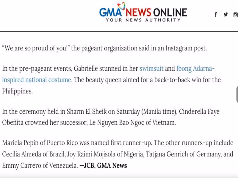 Tờ GMA News của Philippines đưa tin đại diện Philippines dừng chân ở top 20, Bảo Ngọc - đại diện Việt Nam giành vương miện. Ảnh chụp màn hình
