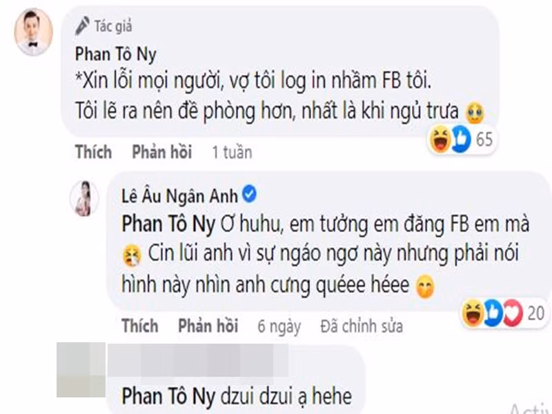 Dưới phần bình luận, Ngân Anh trò chuyện với Tô Ny: "Em tưởng em đăng Facebook em không đó. Xin lỗi anh vì sự ngáo ngơ này, nhưng phải nói hình này cưng quá".