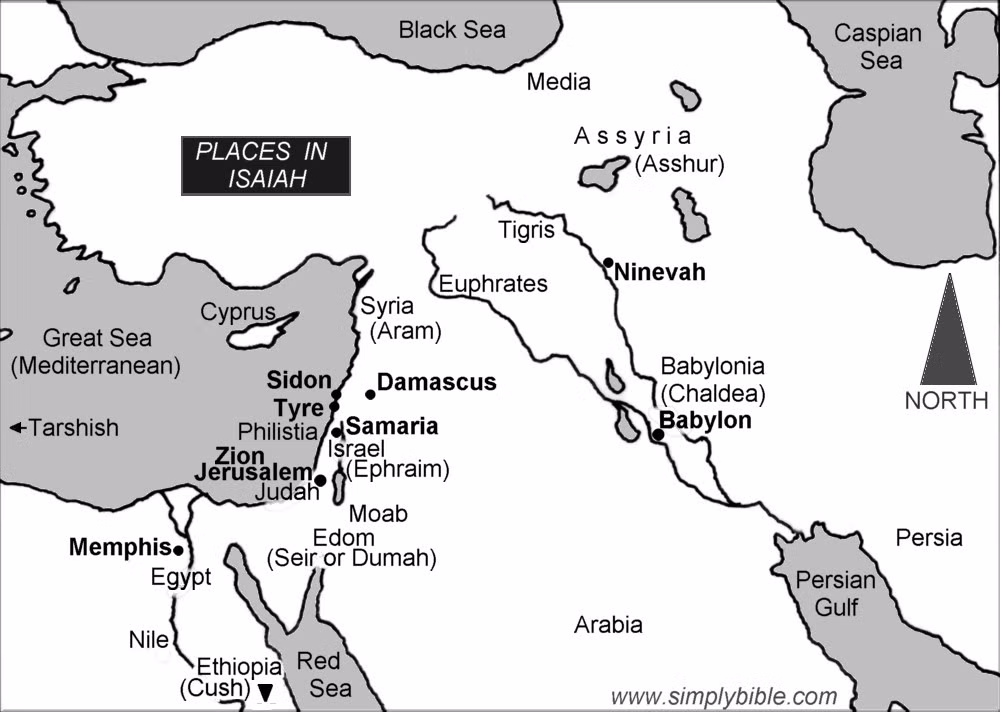 Trong lịch sử được người Ai Cập ghi nhận, cách đây 4.000 năm, Pharaoh Thutmosis III đã chinh phục Damascus vào thế kỷ 15 trước công nguyên (TCN). Theo kinh Cựu ước, thành phố này từng là thủ đô của vương quốc Aramean thế kỷ 11 TCN, bị tấn công và nằm giữa chiến trận của một số vương quốc như Hebrews, Assyrians vào thế kỷ 10 TCN. Ảnh: Bản đồ tham chiếu một số vùng đất xưa theo Kinh Thánh (Isaiah 17 &amp; Jeremiah 49, simplybible.com) như: Babylon, Memphis (Ai Cập), Jerusalem (Israel), vương quốc Assyria hay Assur ở phía Đông Damascus, trên sông Tigris và Euphrates, thủ đô là Ninevah.
