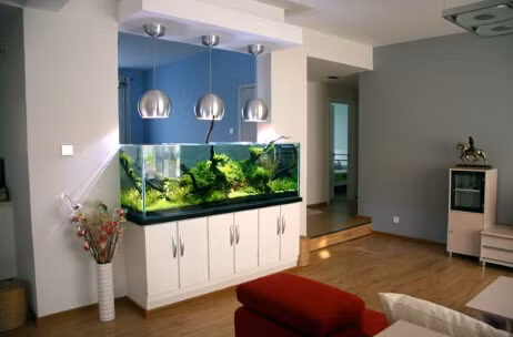  1. Bể cá có kích thước quá lớn Một số người để thể hiện phúc tài và đại khí của bản thân sẽ đặt trong nhà bể cá có kích thước quá lớn, điều này là không nên, nguyên nhân chính là do bể cá quá lớn sẽ chứa rất nhiều nước. Ảnh: Meiguoshenpo.com. 