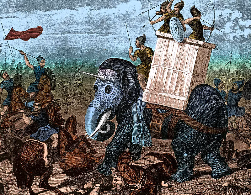 Tuy nhiên, người Megarian đã đi xa hơn một bước. Họ đổ dầu vào những con lợn và đốt chúng, sau đó thả chúng về phía những con voi chiến. Bất chấp sự chỉ dẫn của các vị tướng lĩnh, những con voi chiến hoảng sợ và bỏ chạy khỏi những động vật đang bốc cháy. Ảnh: @Science Photo Library.