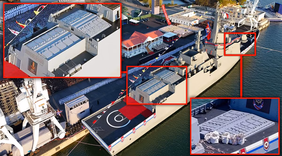 Có tổng cộng 74 ống phóng tên lửa thẳng đứng (VLS), đặt trong hai cụm bệ phóng ở trước và sau cấu trúc thượng tầng. Để so sánh kho vũ khí này, các tàu khu trục lớp Zumwalt của Hải quân Mỹ mang theo 80 ống phóng thẳng đứng mặc dù có lượng giãn nước hơn 14.000 tấn, trong khi các tàu khu trục lớp Type 45 của Hải quân Hoàng gia Anh chỉ mang theo 48 ống phóng thẳng đứng mặc dù có lượng giãn nước là 8.500 tấn. Ảnh: @KCNA.
