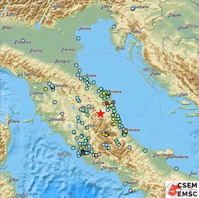 Tâm chấn của trận động đất nằm ở độ sâu 10km, cách thành phố Perugia khoảng 65 km về phía đông nam. Ảnh: Daily Mail.