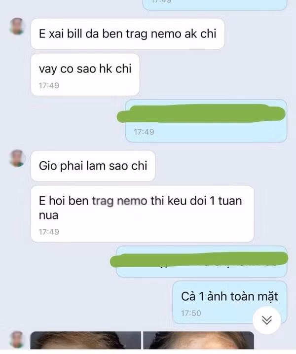 Ngay khi nhận thấy tình hình, cô gái này đã liên hệ với phía "hot girl bán hàng" Trang Nemo để được giải đáp thắc mắc và nhận lại phản hồi là đợi thêm một tuần. Cô còn đính kèm thêm đoạn tin nhắn cho biết đã sử dụng sản phẩm của Trang Nemo làm netizen không khỏi tò mò.
