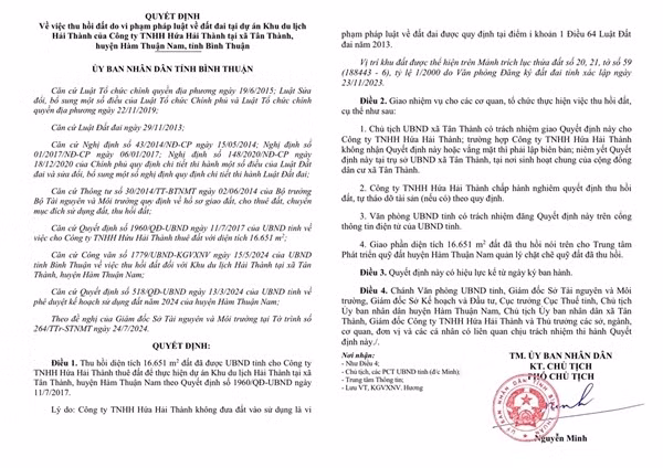 Bình Thuận thu hồi dự án “treo” của Công ty Hứa Hải Thành Binh Thuan thu hoi du an “treo” cua Cong ty Hua Hai Thanh