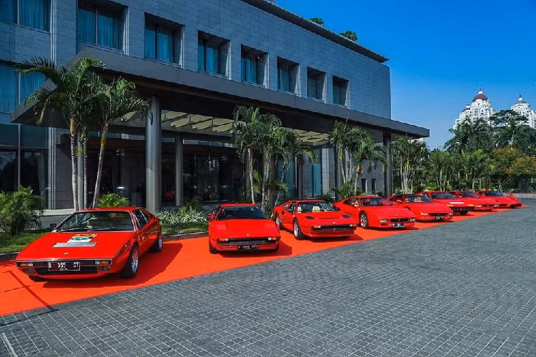 Đối mặt dàn siêu xe Ferrari hiện đại là một đoàn xe "ngựa chồm" thuộc diện hàng cổ. Phía ngoài cùng bên phải chính là Ferrari Enzo hàng hiếm.