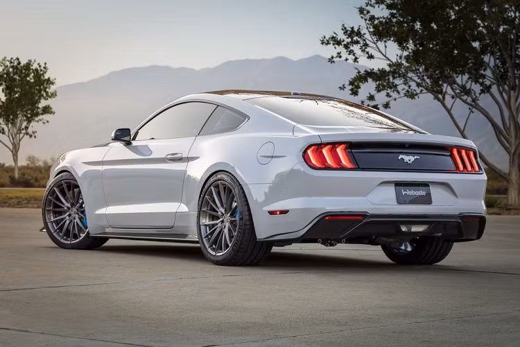Ford Mustang Lithium 2020 sở hữu một ngoại hình bóng bảy và bắt mắt cùng với sự pha trộn của 3 tông màu trắng/đen và xanh. Mẫu xe này vẫn duy trì ADN tổng thể như các phiên bản tiêu chuẩn nhưng đã được Ford tinh chỉnh lại đôi chút chi tiết như hạ thấp khoảng sáng gầm xe, mâm xe 20 inch cỡ lớn, phanh trước với 6 piston cùng phanh Brembo từ Shelby GT350R, bộ khuyếch tán sau, mui xe bằng polycarbonate trong suốt.