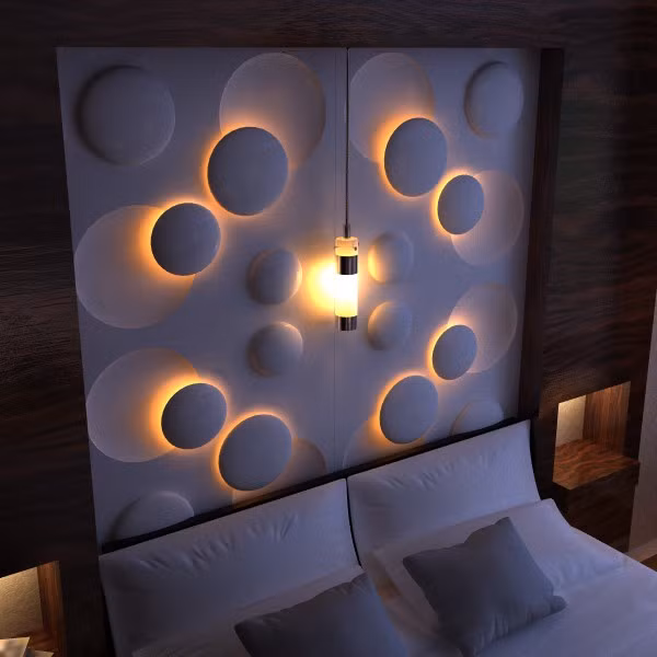 Một kiểu tường 3D gắn đèn led làm cho phòng ngủ ấm cúng và độc đáo hơn.