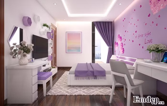 Thay bằng những tấm rèm cửa đỏ rực, hay vàng chóe bạn có thể sử dụng một chiếc rèm tím. Màu sơn tường cũng vậy, hãy thay đổi gam màu sặc sỡ, nóng mắt bằng gam màu tím nhạt, như vậy căn phòng cưới trông sẽ bắt mắt hơn, tạo cảm giác chung thủy cho đôi uyên ương.
