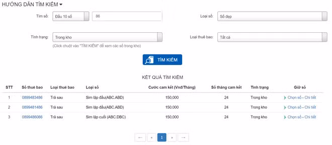 Kho số đẹp của MobiFone ngày 30/11 chỉ có 3 SIM đuôi số 86, trong khi đuôi số 68 đã hết hàng. Ảnh: MB.