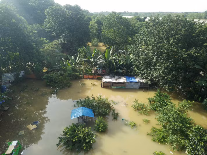 Nước lũ sông Hồng dâng lên khiến hoa màu, trang trại của những người dân sinh sống ở bãi giữa sông Hồng bị ngập úng, các nhà nổi bị cô lập. Người dân muốn di chuyển ra vào khu vực phải dùng đến thuyền nhỏ hoặc lấy những cây chuối kết làm bè mảng.