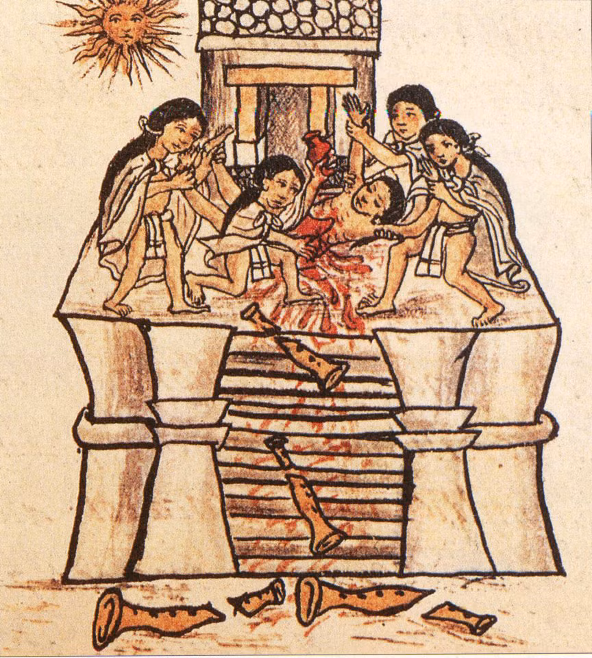Một buổi lễ hiến tế có thể có một cho đến hàng ngàn nạn nhân. Người Aztec thực hiện nghi lễ hiến tế tại đền thờ trên đỉnh một kim tự tháp. Theo đó, thầy tu sẽ dùng dao rạch từ cổ xuống bụng họ, moi tim vật tế và dâng lên các vị thần trước khi bị ném vào lửa. Thi thể còn lại sau này sẽ bị chặt ra và ném xuống dưới hầm của đền thờ.