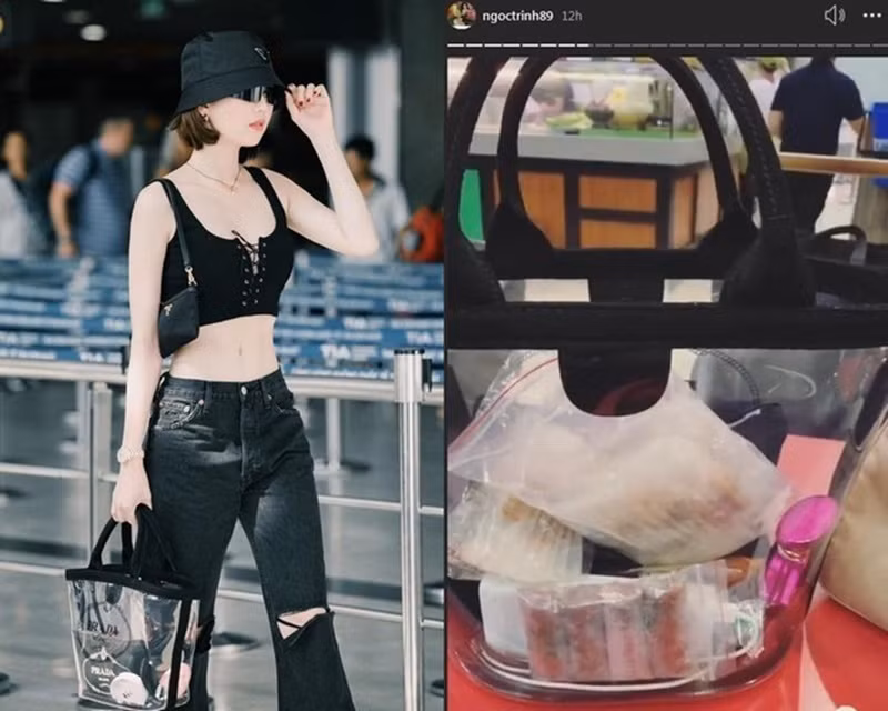 Ngọc Trinh đựng bánh tráng, nem chua, tôm khô, trà hoa quả và muối ớt trong chiếc túi Prada trong suốt có giá 22 triệu đồng khi bay sang Dubai. Ảnh: Hoa Học Trò.