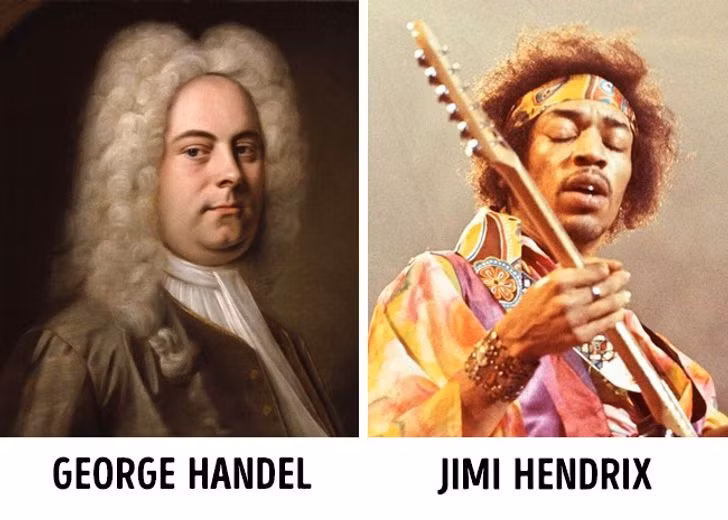 Sống cách nhau khoảng 2 thế kỷ nhưng nhà soạn nhạc nổi tiếng George Handel và nghệ sĩ guitar nổi tiếng Jimi Hendrix có ngoại hình khá giống nhau.