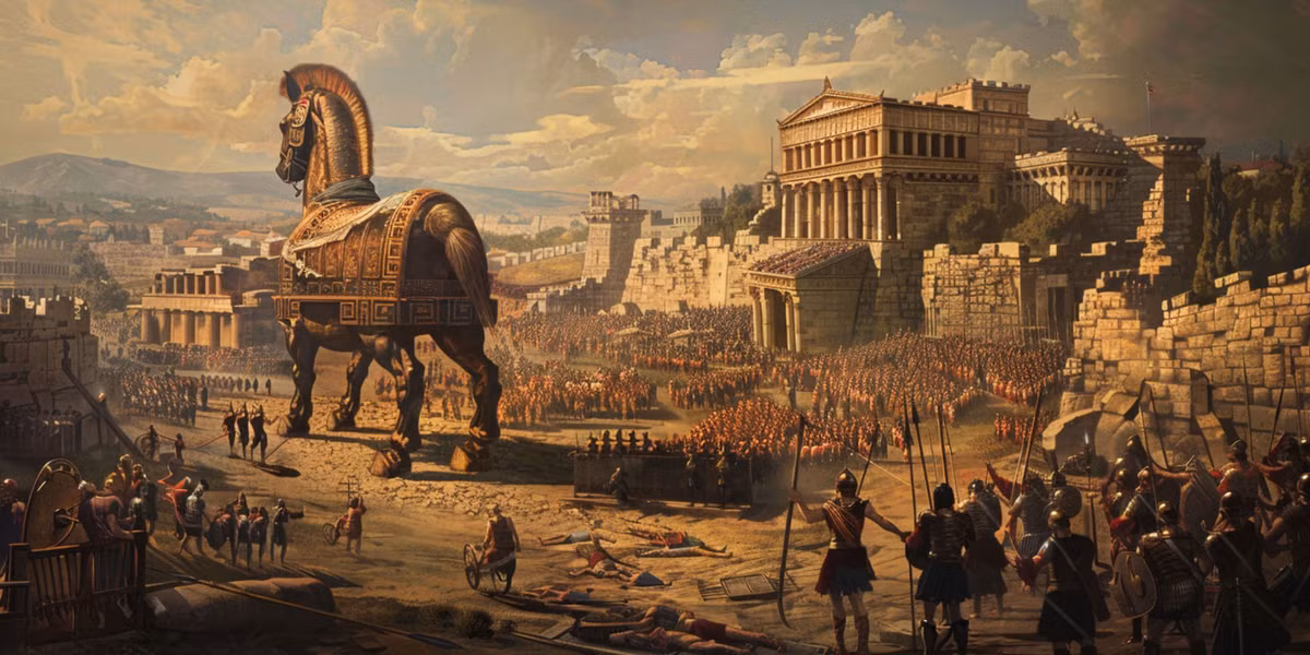 Kế đến, người Sparta bí mật đẩy con ngựa gỗ đó đến gần nơi đóng quân của thành Troy. Khi nhìn thấy con ngựa gỗ đó, người dân thành Troy cứ ngỡ đó là quà do Chúa trời ban tặng nên đẩy vào bên trong thành.