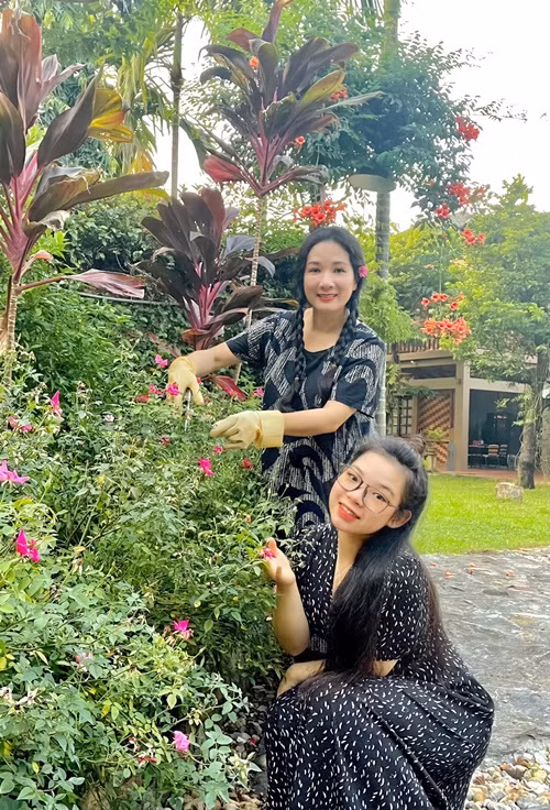 Thanh Thanh Hiền thường xuyên cắt tỉa hoa hồng.