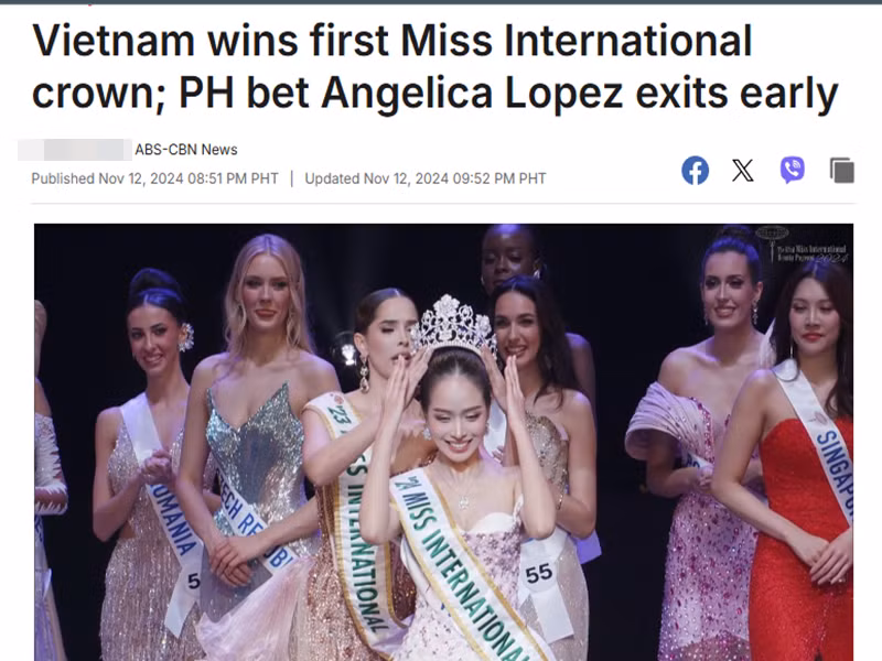Thanh Thủy còn xuất hiện trên tờ ABS-CBN của Philippines. ABS-CBN viết đại diện Việt Nam lần đầu tiên đăng quang Miss International. Ảnh chụp màn hình.