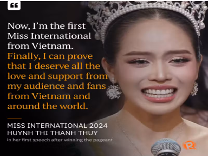 Tờ Rappler trích dẫn bài phát biểu của Thanh Thủy sau khi giành vương miện. Ảnh chụp màn hình.