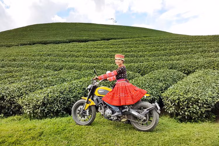 Ai bảo phụ nữ không chạy được môtô phân khối lớn? Một nữ biker trong trang phục của những cô gái Mông đang rong ruổi cùng Ducati Scrambler trên những đồi Chè tại nông trường Mộc Châu, Sơn La.